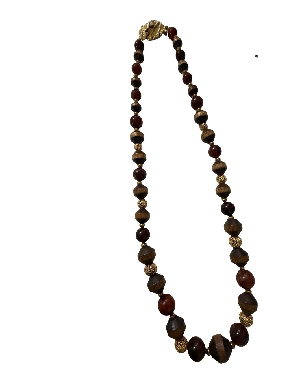 Vintage Wood Bead Necklace 22 Inch Red Brown Gold Tone Leaf Clasp Boho Jewelry